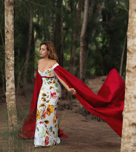 Elegant Botanical Print Formal Dress with Red Cape Accent