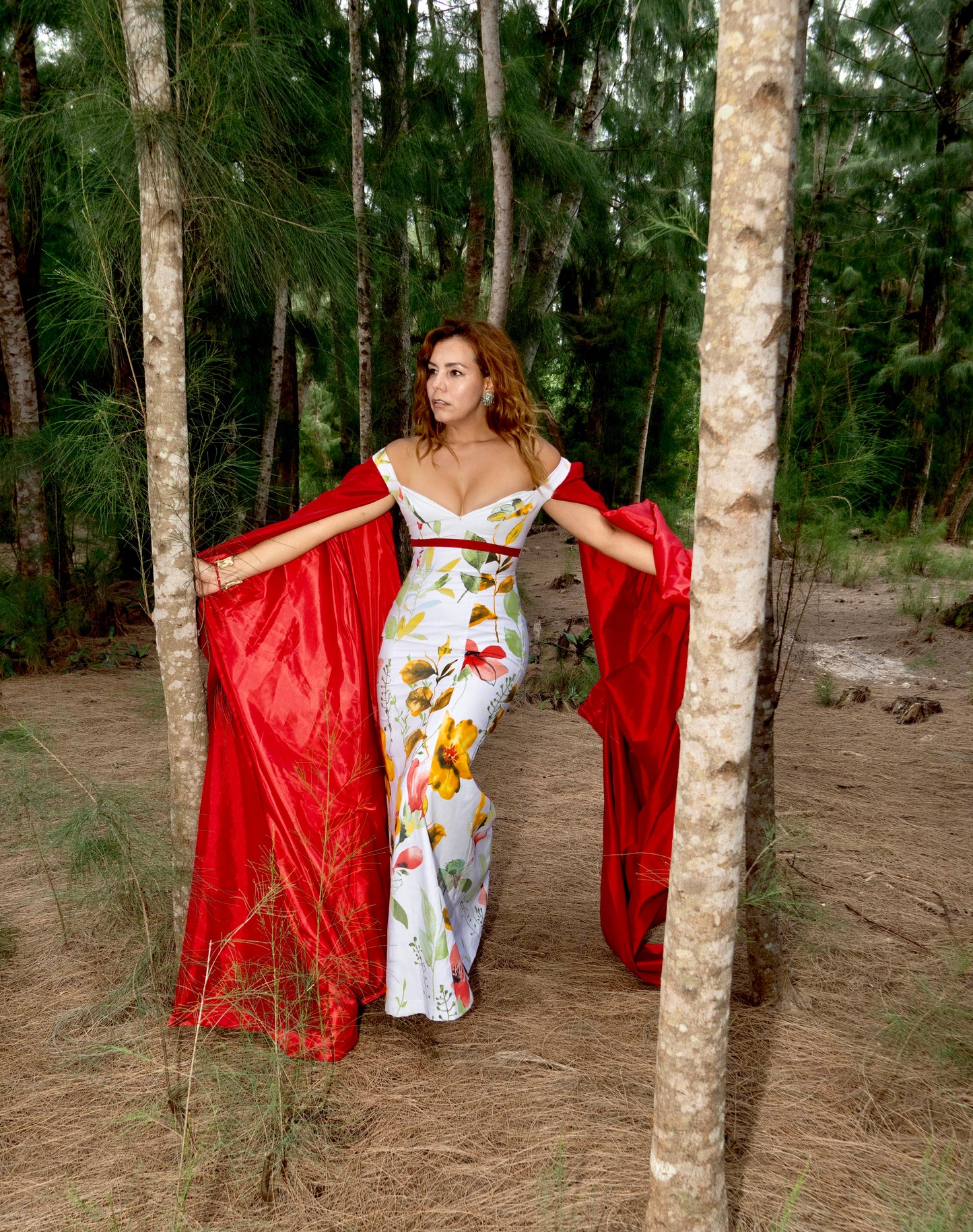 Elegant Botanical Print Formal Dress with Red Cape Accent