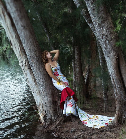 Botanical Print Formal Dress- Elegant Mermaid Silhouette with Train