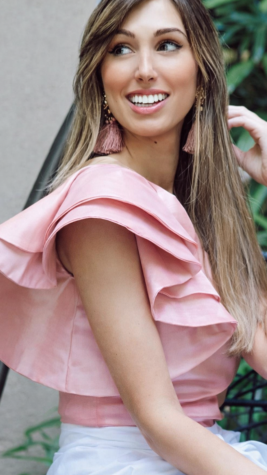 Soft Pink Ruffle Blouse-Elegant Sleeveless Women's Top