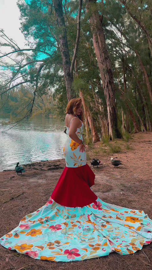 Botanical Print Formal Dress- Elegant Mermaid Silhouette with Train